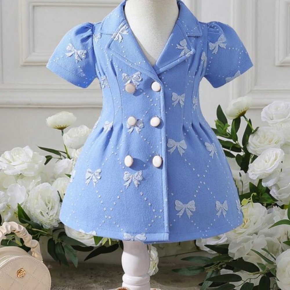 Blue Dress with White Bow Accents